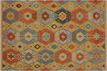 Flat Weave Kilim, Antique, Navaho, Vintage, Handmade, Geometric Kilim Gold Gray Hand-Woven Rectangle 100% Wool Area Rug 7 x 10